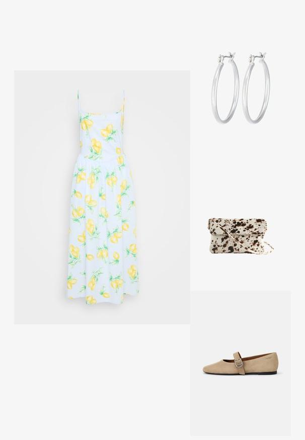 Balta kleita ar dzeltenu citronu rakstu, plānas siksnas, pieguļošs krūšturis un plūstošs svārks. Kokvilnas audums ar zaļo lapu akcentiem visā kleitā.; Bežā zelta zamšādas Mary Jane kurpes ar asu purngalu un vienu regulējamu siksniņu ar sudraba sprādzi. Melna plakana zole.; Govs cimdi ar krēmkrāsas pamatu un tumši brūniem plankumiem, taisnstūrveida forma, locīšana uz vāka un noņemams pleca siksna.; Sudraba riņķveida auss gredzeni ar gludu, pulētu apdari. Apaļa forma un drošs klikšķa augšējais slēgums. Viegls dizains, kas piemērots ikdienas valkāšanai.