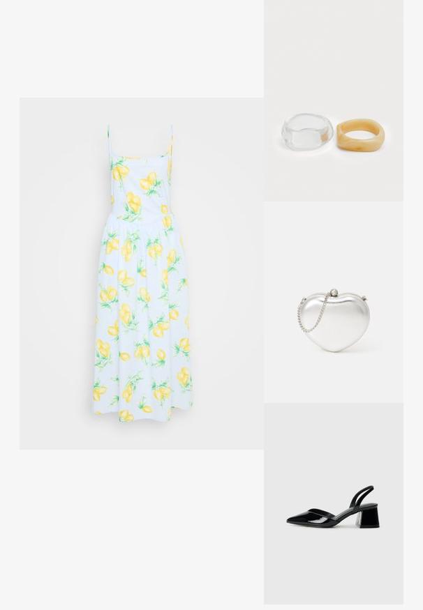 Bela obleka z rumenim potiskom limon, tanke naramnice, oprijet zgornji del in leteči krilo. Bombažni material z zelenimi listnatimi poudarki po celotni obleki.; Črne lakirane slingback pete s koničastim nosom in geometrijsko blokasto peto. Imajo eleganten, minimalističen dizajn in gladko teksturo.; Kovinska srebrna torbica v obliki srca z gladko teksturo, zapiralom na klip, in srebrnim verižnim trakom.; Jasni in jantarni smolnati prstani, en je gladek in prozoren, drugi pa s teksturiranim jantarjem. Obe imata zaobljene, debele oblike.