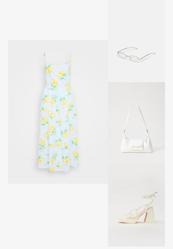Vestido branco com estampa de limão amarelo, alças finas, corpete justo e saia solta. Tecido de algodão com detalhes de folhas verdes por toda a peça.; Sandálias brancas de salto alto com um salto robusto, apresentando um design com tiras e amarração no tornozelo. Textura suave com uma plataforma na frente para altura adicional.; Óculos ovais com uma armação metálica prateada, lentes transparentes e detalhes texturizados em contas nas hastes. Design leve com braços curvos.; Mala sintética branca com formato triangular, aba frontal plana e detalhe de laço, alça ajustável, textura suave e design minimalista.