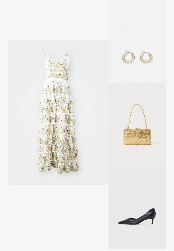 Robe maxi en tissu léger avec un fond blanc orné de motifs floraux jaunes, violets et noirs ; des volants superposés ajoutent du volume.; Escarpin en cuir noir avec un bout pointu et un talon bas. Présente une texture lisse et un éclat subtil. Découpe ouverte à l'avant pour un détail supplémentaire.; Pochette en sequins dorés de forme rectangulaire, dotée d'une poignée en chaîne torsadée et d'une fermeture à fermoir en métal, réfléchissant la lumière avec une finition texturée.; Lauren Ralph Lauren BASIC SMALL HOOP - Boucles d'oreilles - gold-coloured
