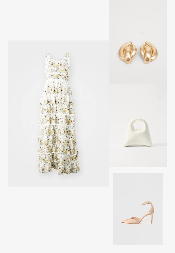 Maxi sukienka z lekkiego materiału, z białym tłem i żółtymi, fioletowymi oraz czarnymi wzorami kwiatowymi; warstwowe falbany dodają objętości.; Nude lakierowane buty na szpilce z odkrytym palcem i paskiem wokół kostki, charakteryzujące się gładką fakturą i minimalistycznym designem.; Biała torebka o teksturowanym, zakrzywionym designie. Posiada wyraźny uchwyt i okrągłe dno, z gładką powierzchnią i minimalną ilością dodatków.; Złote kolczyki metalowe o skręconym wzorze z gładką, błyszczącą powierzchnią i zaokrąglonymi kształtami. Każdy z nich ma około 2 cali.