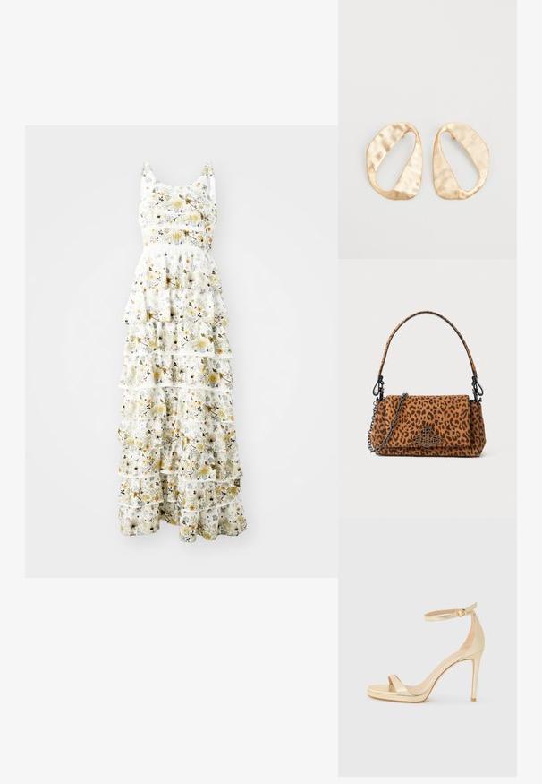 Robe maxi en tissu léger avec un fond blanc orné de motifs floraux jaunes, violets et noirs ; des volants superposés ajoutent du volume.; Sandale à talons hauts en métal doré avec un bout ouvert, une bride à la cheville avec une boucle, et une semelle plate-forme pour plus de hauteur. Texture lisse.; Sac à main en cuir suédé à motifs léopard, avec une courte poignée, une bandoulière en chaîne et un fermoir en métal noir. Forme rectangulaire avec une fermeture à rabat.; Une paire de boucles d'oreilles en métal doré, de forme ovales irrégulières, avec une surface texturée et légèrement martelée sur fond blanc.