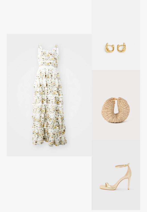 Kerge kangast maksikleit, millel on valge taust koos kollaste, lillade ja mustade lillemotiividega; kihilised volangid lisavad mahtu.; Kuldne metallik kõrge kontsaga sandaal avatud varbaga, pahkluu rihm luku ja platvormiga, et lisada kõrgust. Sile tekstuur.; Cult Gaia UBAH - Väike käekott - wheat; Kuldsete rõngaste kõrvarõngad, millel on sile, ümar disain ja poleeritud pind. Kõrvarõngad on kompaktsed, suurte vormide ja sujuva klambriga.
