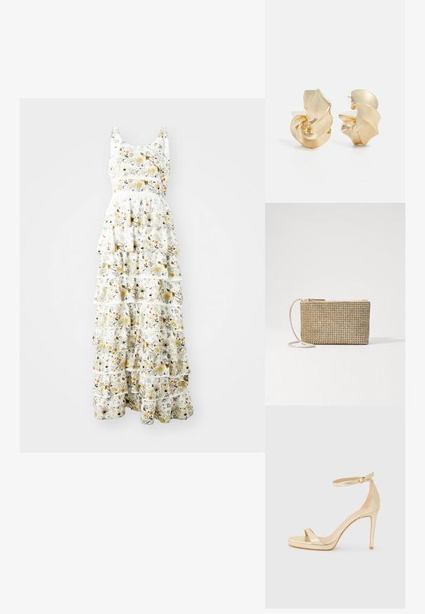 Maxiklänning i lättviktsmaterial med vit bakgrund och gula, lila och svarta blommönster; lager av volanger ger volym.; Guldmetallisk högklackad sandal med öppen tå, ankelrem med spänne och plattformssula för extra höjd. Slät yta.; Loeffler Randall YASMINE FLAT CLUTCH - Axelremsväska - gold; Texturerade örhängen i gyllene metall med en skulptural, spiralformad design. Har släta ytor och ljusreflekterande kurvor.