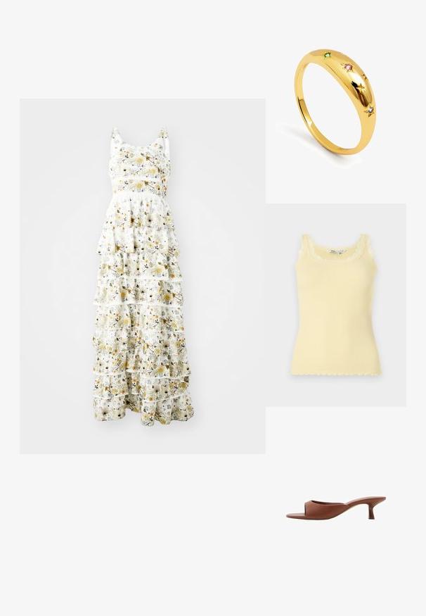 Maxime-kjole i let materiale med hvid baggrund og gule, lilla og sorte blomster mønstre; lagdelte flæser tilføjer volumen.; Keltainen ribbitoppi, jossa ei ole hihoja, ja jossa on aaltoileva pitsikaulus ja helma. Pehmeä rakenne, tiukka muotoilu ja kevyt materiaali.; Ruske avto čevlji s peto, odprti spredaj, z gladko mat površino, ki imajo ukrivljen dizajn in prozorno, stožčasto peto.; Kultakuvioinen sormus, jossa on sileä, pyöristetty rengasosa ja viisi tähtikoristetta, joista jokaisessa on värikkäitä jalokiviä vaaleanpunaisena, vihreänä ja sinisenä.