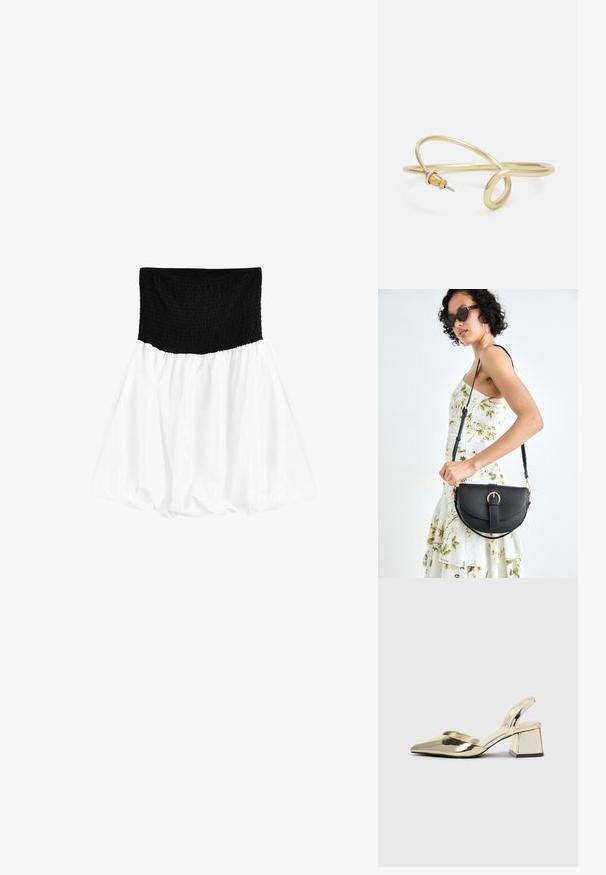 Musthave mustre kaelus musthave valge, voolav seelik. Kanga materjal näeb välja kerge ja pehme, sileda tekstuuriga.; Kuldne, metallilised slingback-kudumid terava varba ja paksu kontsaga. Sile tekstuur, minimalistlik disain ja kitsas rihm.; Mustmust mustraha kõverate joontega, eemaldatava rihmaga ja kuldsete detailidega. Kotil on klapp, millel on pandladetail.; Kuldne metallist käevõru, millel on voolav ja kõver disain. Ühel otsal on väike, silmapaistev hõbedane aktsent.