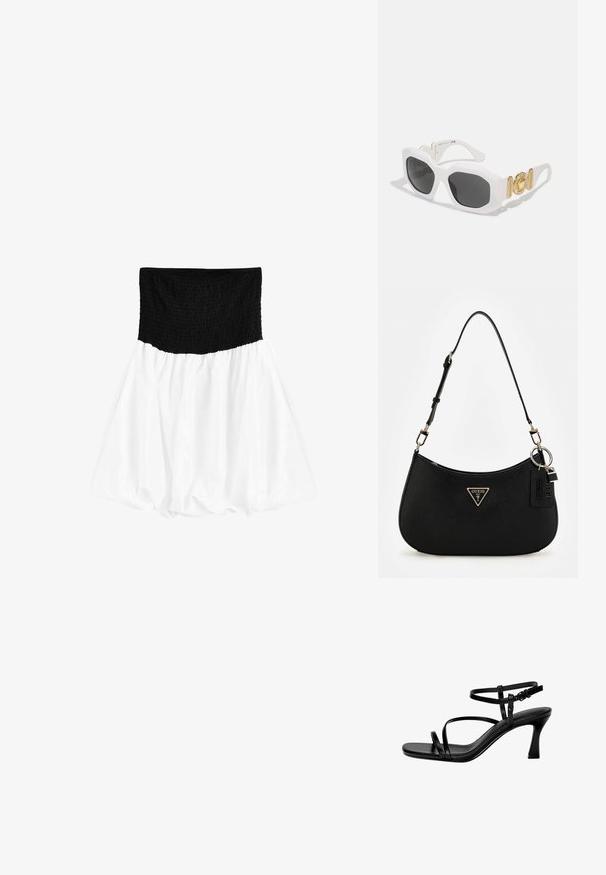 Czarna, marszczona talia z białą, obszerną, zwiewną spódnicą. Tkanina wygląda na lekką i miękką, o gładkiej strukturze.; Czarne skórzane sandały na obcasie z cienkimi paskami, kwadratowym noskiem i szpilką. Regulowany pasek na kostce dla lepszego dopasowania. Gładka tekstura.; Białe ośmiokątne okulary przeciwsłoneczne z ciemnymi soczewkami. Posiadają złote akcenty i teksturowany wzór na ramionach.; Czarna syntetyczna torba na ramię o zaokrąglonym kształcie, z teksturowanym wykończeniem, złotym logo w kształcie trójkąta i odczepianymi akcentami ze sprzętu.