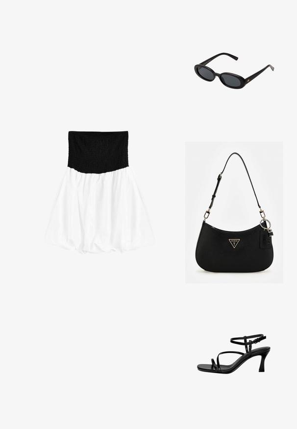 Fekete ráncolt derék, fehér, bő, laza szoknyával. Az anyag könnyűnek és puhának tűnik, sima felülettel.; Fekete bőr magas sarkú szandál vékony pántokkal, négyzet alakú orral és stiletto sarkal. Állítható bokapánt a megfelelő illeszkedésért. Sima felület.; Fekete, oversize napszemüveg ovális lencsékkel, sima műanyag kerettel és arany részletekkel a fülpánton. Sötét lencséi védelmet nyújtanak a napfény ellen.; Fekete szintetikus válltáska ívelt sziluettel, texturált kivitelezéssel, arany háromszög logóval és levehető kiegészítőkkel.