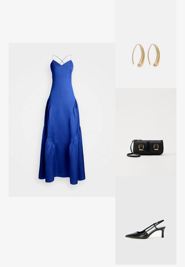 Kék selyem maxi ruha vékony, keresztpántos pántokkal, bővülő szegéllyel és összegyűrt oldalrészletekkel az extra textúráért. Simább, elegáns felület.; Fekete lakk slingback sarok, hegyes orral, texturált kígyómintával, állítható pánttal és rövid, texturált tömbsarkal.; Fekete bőr keresztbody táska két elülső zsebbel, arany csattokkal, cipzáras záródással és vékony pánttal. Textúrált felület és kompakt téglalap alak.; Aranyszínű fémből készült karika fülbevalók ívelt, hosszúkás formával. Simaságával és fényes felületével, valamint lekerekített végével további részletekkel bővül.