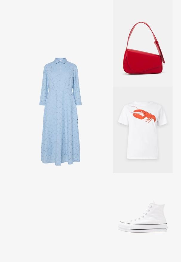 Vestido azul claro com colarinho, mangas longas, fecho de botões e padrões recortados bordados por todo o tecido. Silhueta em A.; Camiseta de algodão branca com um grande gráfico de lagosta vermelha brilhante na frente. Mangas curtas e design de gola redonda padrão.; Sapatilha alta de tela branca com sola de borracha preta, bico de borracha na frente e seis ilhós para os atacadores, apresentando um design limpo e minimalista.; Bolsa de mão em couro vermelho com um design angular e geométrico. Apresenta uma única alça ajustável e um fecho com aba, com detalhes cosidos.