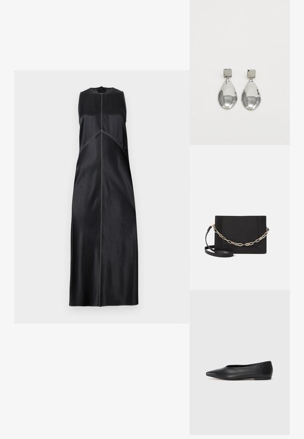 Schwarzes ärmelloses Kleid mit runder Ausschnittform, das weiße Nähte aufweist und einen geraden Schnitt hat, der bis zum Boden fließt. Glatte Textur.; Schwarze Leder-Balletschuhe, spitze Zehenform, minimalistische Gestaltung, glatte Textur, niedriger Absatz, keine sichtbaren Beschläge oder Verzierungen.; Schwarze Leder-Crossbody-Tasche mit glatter Textur, rechteckiger Form und metallic-kettendetail auf der Vorderseite. Verstellbarer Gurt inklusive.; Silberne Tropfenohrringe mit einem quadratischen Stecker, die eine glatte, polierte Oberfläche und eine Tropfenform aufweisen, die Licht mit einer glänzenden Oberfläche reflektiert.