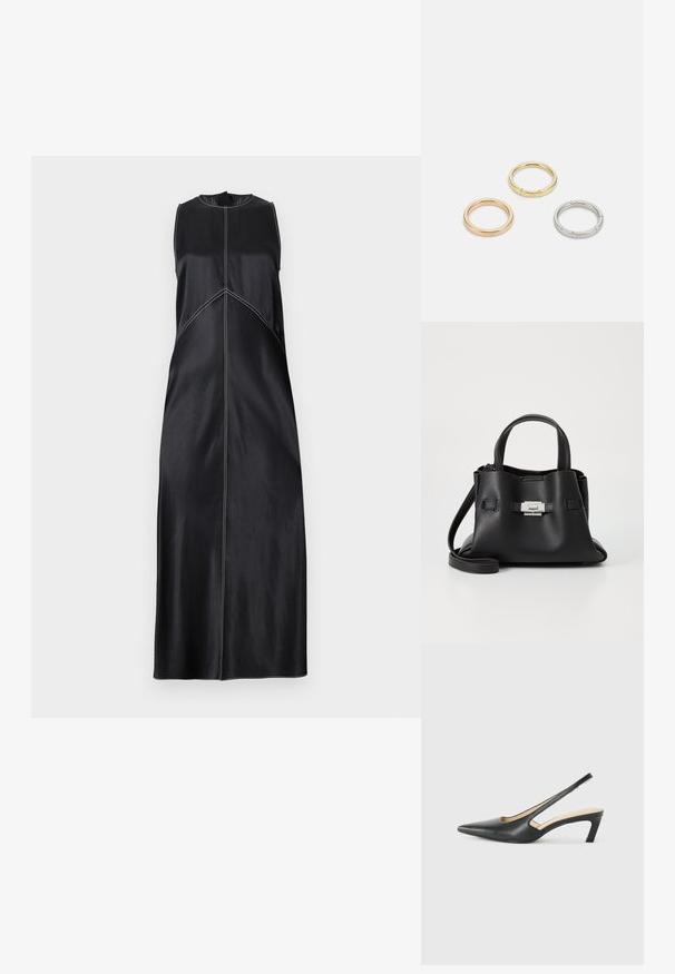 Zwarte mouwloze jurk met een ronde halslijn, voorzien van witte stiksels en een rechte snit die naar de grond vloeit. Glad textuur.; Zwarte puntige slingback schoen met een lage hak, gemaakt van soepel leer en voorzien van een uitsnede aan de zijkant voor ventilatie.; Zwarte leren handtas met een gestructureerde afwerking, voorzien van twee handvatten, een verwijderbare schouderband en een zilveren sluiting.; Drie metalen ringen: één roségoud, één goud met een gestructureerd accent en één zilver, allemaal met gegraveerde branding aan de binnenzijde.