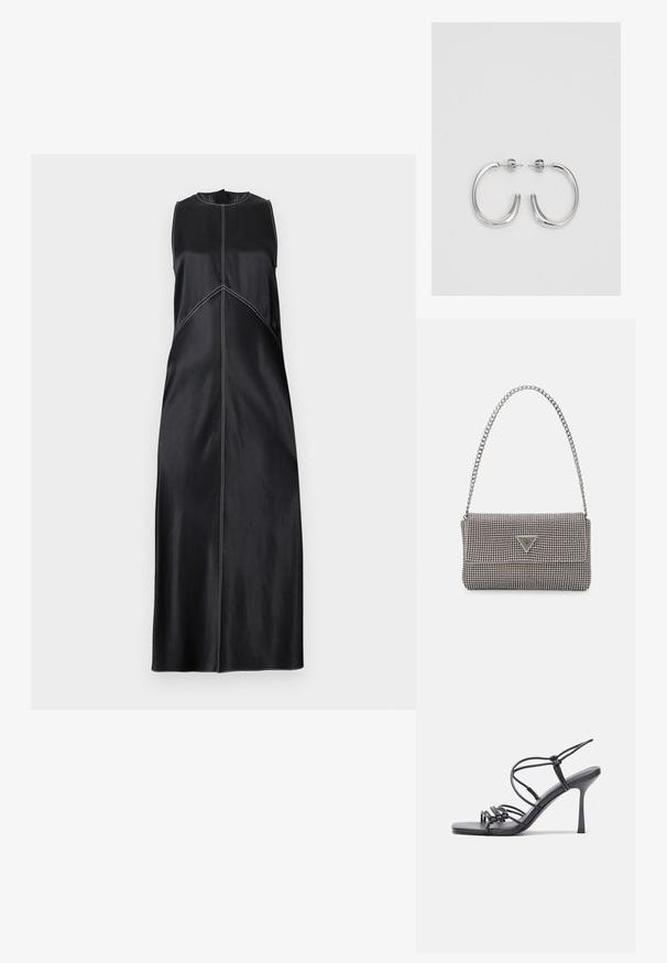 Schwarzes ärmelloses Kleid mit runder Ausschnittform, das weiße Nähte aufweist und einen geraden Schnitt hat, der bis zum Boden fließt. Glatte Textur.; Schwarze, hochhackige Sandalen mit dünnen Riemen und einem geknoteten Design, einer glatten, rechteckigen Zehenpartie und einem eleganten Stiletto-Absatz.; Hellegraue metallische Handtasche mit einer Kettenriemen, verziert mit kleinen kreisförmigen metallic Nieten und einem dreieckigen Markenlogo.; Silberne Creolen mit einer glatten, glänzenden Oberfläche. Abgerundete Form, leichtes Design, mit einer Steckverschluss.