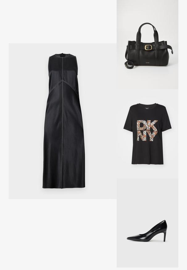 Czarna sukienka bez rękawów z okrągłym dekoltem, z białymi przeszyciami i prostym krojem, który opada na podłogę. Gładka faktura.; Czarna bawełniana koszulka z krótkim rękawem, z okrągłym dekoltem, zdobiona logo "DKNY" w kolorze brązowym i białym w wzór geparda.; Czarna skórzana szpilka z ostrym noskiem, gładką fakturą i zwężającym się obcasem. Minimalistyczny design, bez dodatkowych zdobień.; Czarna skórzana torebka o zorganizowanej konstrukcji, z podwójnymi uchwytami u góry, akcentem w postaci złotego zapięcia oraz wytłoczonym logo marki z przodu.