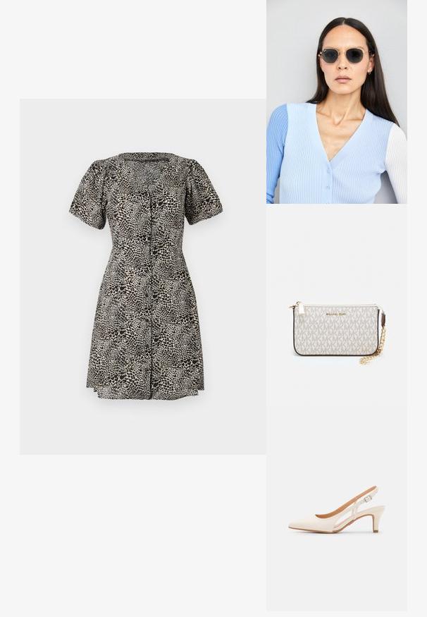 Leopardimustriga kleit lühikeste puhvärvustega, V-kaelusega ja ees oleva nööpkinni. Valmistatud kerge kangaga, millel on laienev seelik.; Valge slingback konts, terava ninaga, siledast ülemisest materjalist, madala ploki kontsaga ja külgse nähtavusega ning reguleeritava pandla rihmaga.; Ringikujulised prillid tumedate läätsede ja kullast raamiga. Mudel on selga pannud helesinise soonikuga kardigani, millel on nupud ja kontrastsed valged varrukad.; Michael Korsi randmevõru beige kaetud kangast, millel on korduv MK logo muster, kuldne riistvara ja eemaldatav ahelistrap.