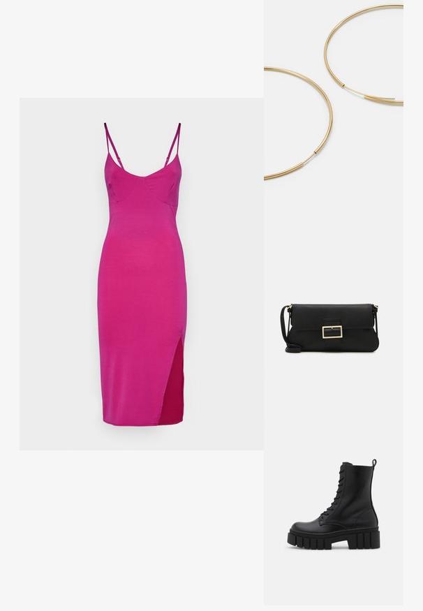 Pielāgots, bezpiedurkņu kleita spilgti rozā audumā, ar V veida kakla izgriezumu un sānu šķēlumu, lai pievienotu papildu detaļu. Gluda tekstūra, minimālisma dizains.; Melnas ādas potītes zābaki ar masīvu, rievojumu zoli, auklu aizdari un vilces cilpu uz gludas baltas fona.; Melnas ādas saķeres soma ar atloku un zelta metāla sprādzi. Ietver melnu siksnu un elegantu, minimālistisku dizainu.; Zelta krāsas auskari gredzena formā, plāni un apaļi, ar gludu metāla apdari un bez rotājumiem vai zīmējumiem.