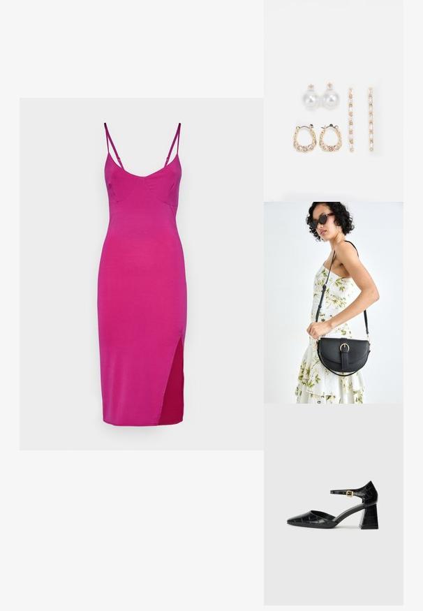 Testre szabott, ujjatlan ruha élénk rózsaszín anyagból, V-nyakkivágással és oldalsó hasítékkal a részletek fokozásáért. Simaság jellemzi, minimalista dizájnnal.; Fekete lakkbőr magassarkú cipő hegyes orral, bokapánttal és texturált krokodilmintával. Négyzet alakú blokk sarok kialakítás.; Fekete bőrtáska ívelt formával, levehető pánttal és arany színű fémrészekkel. A táskán egy csattal díszített fedél található.; Három fülbevalópár: nagy fehér gyöngy fülbevalók, arany karika fülbevalók, tiszta drágakövekkel, és két hosszú, egyenes arany akcentus fülbevaló csillogó részletekkel.