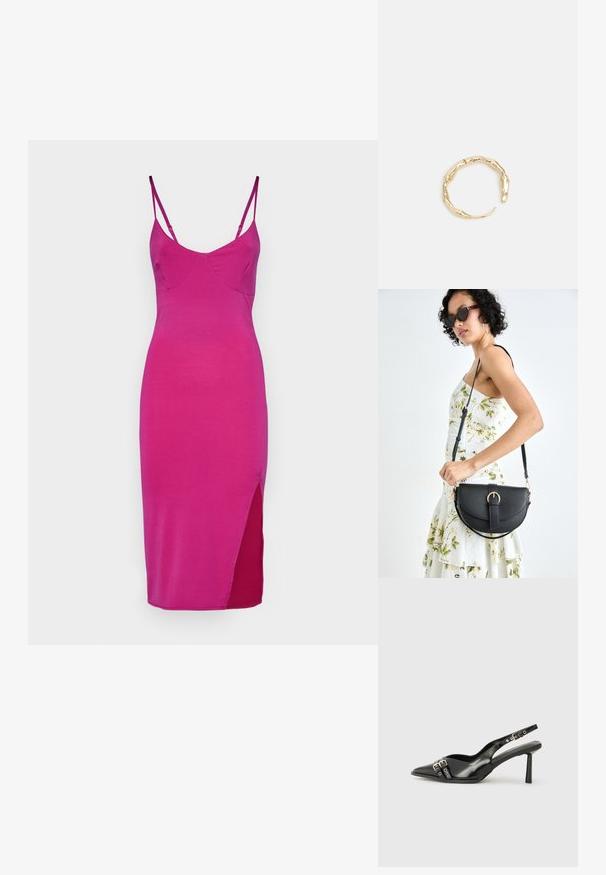 Priliehavé, bezrukávové šaty z žiarivej ružovej látky, s výstrihom do V a bočným rozparkom pre zvýraznenie detailov. Hladká textúra, minimalistický dizajn.; Čierne lakované kožené slingback topánky s špicatou špičkou, remienkami okolo členku s striebornými prackami a hardvérom, a štíhlým podpätkom.; Čierna kožená kabelka s zaobleným tvarom, odnímateľným popruhom a zlatými doplnkami. Kabelka má klopu s detailom s prackou.; Prsteň v zlatej farbe s organickým, skrúteným dizajnom, hladkým povrchom a zužujúcimi sa koncami, vytvárajúci moderný, sochársky vzhľad.