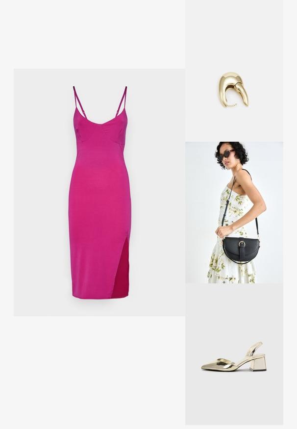 Priliehavé, bezrukávové šaty z žiarivej ružovej látky, s výstrihom do V a bočným rozparkom pre zvýraznenie detailov. Hladká textúra, minimalistický dizajn.; Zlaté kovové lodičky na podpätku so špicatou špičkou a robustným podpätkom. Hladký povrch, minimalistický dizajn a úzka remienok.; Čierna kožená kabelka s zaobleným tvarom, odnímateľným popruhom a zlatými doplnkami. Kabelka má klopu s detailom s prackou.; Náušnice z kovu v zlatej farbe s elegantným, zakriveným dizajnom. Majú charakteristický špicatý tvar, leštený povrch a uzáver na pánt.
