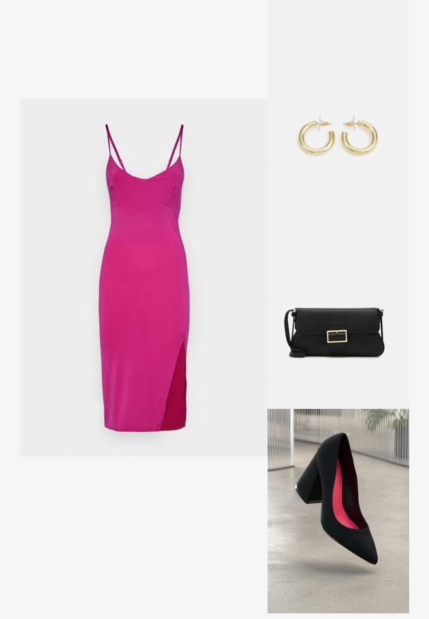 Pielāgots, bezpiedurkņu kleita spilgti rozā audumā, ar V veida kakla izgriezumu un sānu šķēlumu, lai pievienotu papildu detaļu. Gluda tekstūra, minimālisma dizains.; Melna augstpapēžu kurpe ar smailu purngalu un fakturētu augšdaļu. Iekšpusē spilgti rozā oderējums. Kvadrātveida papēdis ar metālisku rotājumu pie pamata.; Melnas ādas saķeres soma ar atloku un zelta metāla sprādzi. Ietver melnu siksnu un elegantu, minimālistisku dizainu.; Zelta auskari ar gludu, spīdīgu apdari. Apaļš dizains, kas ietver mazu tapu un caurspīdīgu pamatni drošai valkāšanai.