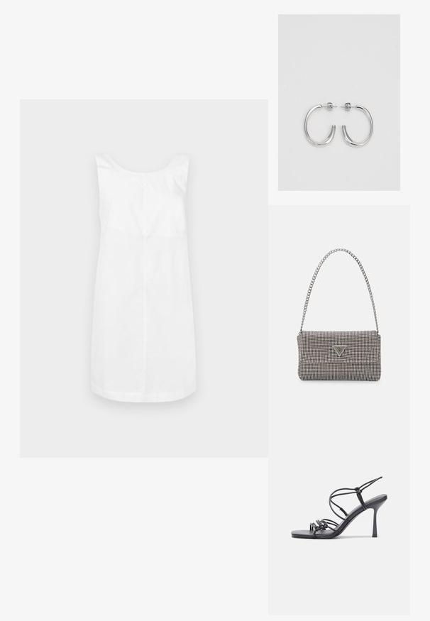 Balta bez piedurknēm izgatavota kokvilnas kleita ar noapaļotu kakla izgriezumu, līdz ceļiem garu, un gludu, vienkāršu tekstūru. Nav rakstu vai akcentu.; Melnas augstpapēžu sandales ar plāniem siksniņām un mezgla dizainu, gluda kvadrātveida purngalu un elegantu stiletto papēdi.; Gaiši pelēka metāla rokassoma ar ķēdes siksnu, rotāta ar mazām apaļām metāla kniedēm un trīsstūra zīmola logo.; Sudraba stīpas auskari ar gludu, spīdīgu virsmu, izceļas ar izliektaveida formu un aizdari ar tapu. Minimālistisks dizains ar mūsdienīgu apdari.