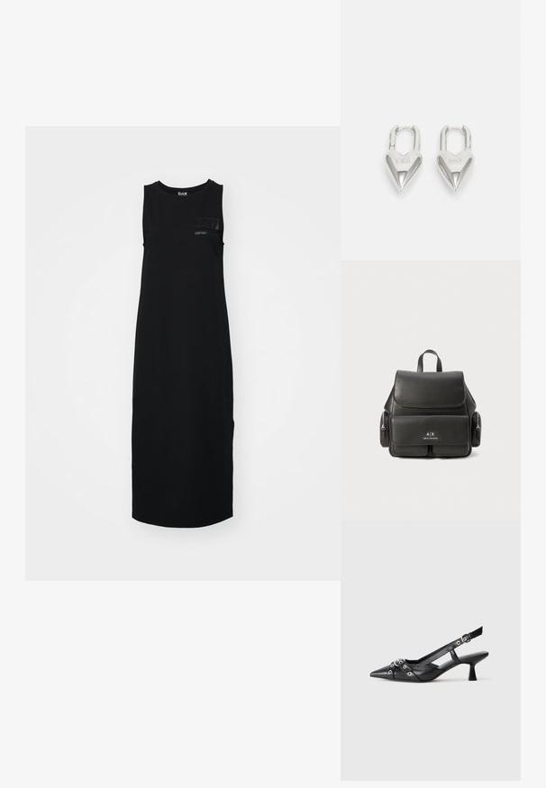 Must mustriga mustriga kleit, mis on valmistatud puuvillast, sirge lõikega, ümarate kaelustega ja väikese paigaldatud taskuga, kus on reljeefne logo detail.; Must must have must toote tõmblukuga, dekoratiivsed rihmad metallist silmadega ja madal blokk-kand. Tekstureeritud pind.; Must must nahk Seljakott klapi sulgemisega, esikoti, külgsete tõmblukkudega sektsioonide ja ülemise käepidemega. Esiküljel on logo detailid.; Hõbedased südamekujulised lukuvidinad, millel on kohandatud "JAA" ja "EI" tekst, poleeritud viimistlus, sümmeetriline disain ja tugev metallist klamber.