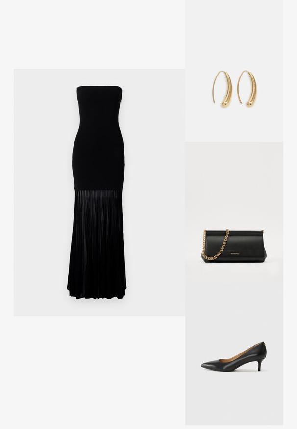 Robe noire sans bretelles avec un corsage ajusté et une jupe plissée fluide. Fabriquée dans un tissu lisse, la partie inférieure présente des plis verticaux.; Pompe noire en cuir avec un embout pointu, un petit talon et une texture lisse. Présente une légère ouverture à l'avant et un matériel minimal à l'arrière.; Sac à main en cuir noir avec une bandoulière en chaîne dorée, présentant une texture lisse, une forme rectangulaire et une marque embossée à l'avant.; Boucles d'oreilles en métal doré en forme d'anneau, avec une forme courbée et allongée. Elles présentent une surface lisse et brillante avec une pointe arrondie pour un détail supplémentaire.