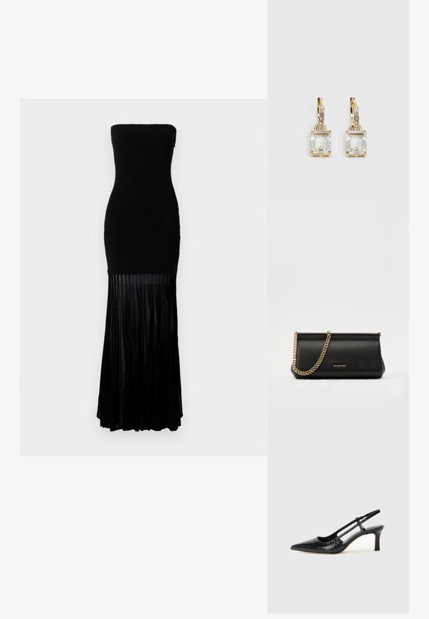Fekete pánt nélküli ruha, amely testhez simuló felsőrésszel és lágyan áramló plissé szoknyával rendelkezik. Simogató anyagból készült, az alsó részen függőleges plisszék találhatók.; Fekete lakk slingback sarok, hegyes orral, texturált kígyómintával, állítható pánttal és rövid, texturált tömbsarkal.; Fekete bőr kisméretű táska arany lánccal, sima felülettel, téglalap alakú, és dombornyomott márkázással az elején.; Aranyszínű fülbevalók, melyek egy téglalap alakú, tiszta kristállyal díszítették, ami egy sor kis, kerek, tiszta kiegészítő alatt lóg. Letisztult, modern dizájn.