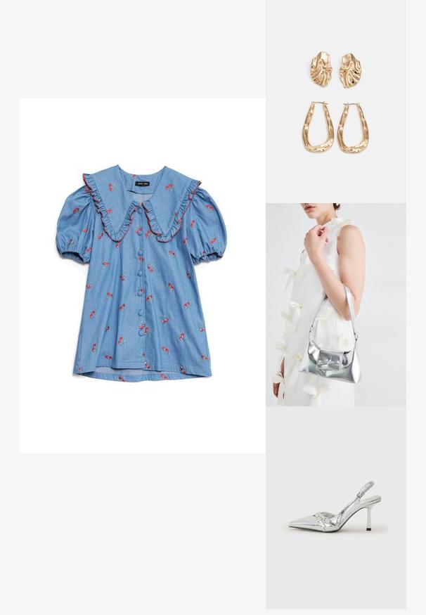 Camisa de denim azul claro com mangas bufantes, colarinho oversized com babados, bordado de cerejas vermelhas e seis botões na frente.; Sapato de salto alto slingback prateado com bico fino, acabamento metálico, duas correias decorativas e um salto esbelto com ponta preta.; Bolsa metálica prateada com uma forma estruturada, apresentando uma alça superior e um detalhe de laço na frente. Textura suave, acabamento reflexivo.; Brincos em tom de ouro com formas onduladas e texturizadas. Inclui studs escultóricos com presilha e um design de argola aberta com um acabamento martelado.