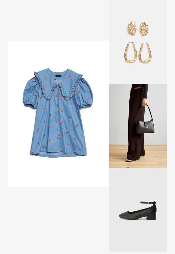 Lys blå denimskjorte med puffede ærmer, oversized volangkrave, røde kirsebærbroderier og seks knapper ned foran.; Sorte skinnpumper med spiss tå og lav blokkhelt. Har ankelrem med gullfarget spenne. Glatt tekstur.; Svart håndveske med strukturert form, jevn tekstur og metallisk lås. Kombinert med brede svarte bukser og sandaler med åpen tå på tregulv.; Gullfargede øredobber med teksturerte, bølgete former. Inkluderer skulpturelle klipsstuds og åpen hoop-design med en hamret finish.
