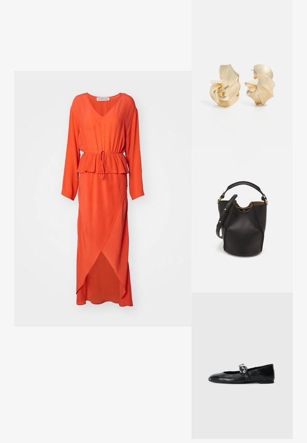 Rochie lungă, portocalie strălucitoare, fabricată dintr-un material ușor. Dispune de un decolteu în V, mâneci lungi, un elastic la talie și un tiv asimetric.; Balerini din piele neagră, cu vârful ascuțit, având o curea cu o cataramă metalică circulară și o talpă plată.; Geantă din piele neagră în stil bucket, cu un finisaj texturat, accente din metal auriu și un compartiment deschis. Dispune de o mânere scurtă și un curea de umăr ajustabilă.; Cercei din metal aurit cu textură, având un design sculptural, în spirală. Prezintă suprafețe netede și curbe care reflectă lumina.