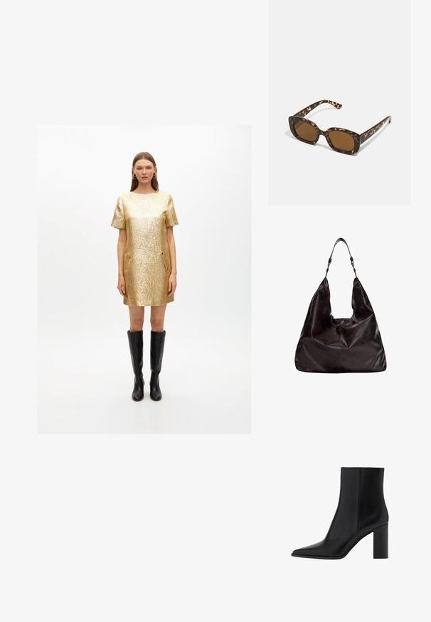 Zlatna metalik kratka haljina s teksturiranom površinom, kratkim rukavima i bočnim džepovima. Uparena s čizmama od crne kože do koljena.; Crne kožne čizme do gležnja s izduženim nožnim prstom, kvadratnim potplatom, glatkom teksturom i detaljima šavova duž šavova. Potpetice su visoke približno 8,9 centimetara.; Tortoiseshell naočale s okvirima u obliku kruga i debelom konstrukcijom, te smešnim lećama. Imaju suptilne uzorke i ravne, sužene nogice.; Tamnosmeđa kožna torba s opuštenim oblikom, širokim otvorom i jednim remenom za nošenje preko ramena. Sadrži suptilne detalje u šivanju.