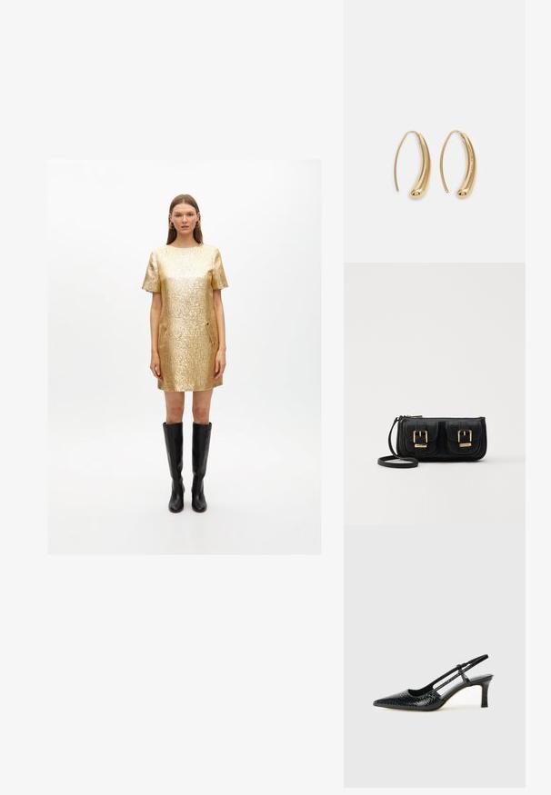 Zlaté metalické krátké šaty s texturovaným povrchem, krátkými rukávy a bočními kapsami. Vykoupeno s koženými botami až po kolena v černé barvě.; Černé lakované slingback podpatky s špičatou špičkou, zdobené texturovaným hadím vzorem, nastavovacím páskem a krátkým texturovaným blokovým podpatkem.; Černá kožená crossbody taška se dvěma předními kapsami, zlatými přezkami, zipovým uzávěrem a štíhlým popruhem. Texturovaný povrch a kompaktní obdélníkový tvar.; Náušnice ve tvaru kruhu z pozlaceného kovu s vroubkovaným, prodlouženým tvarem. Mají hladký, lesklý povrch a zaoblený konec pro zvýraznění detailu.