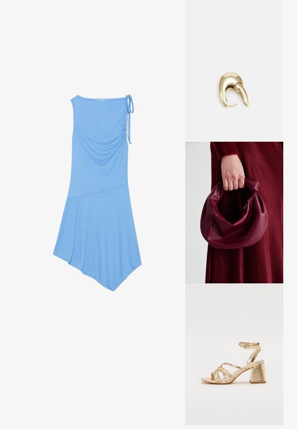 Světle modré šaty bez rukávů vyrobené z jemné látky, s nařasením na jedné straně, asymetrickým lemem a detailem vázání na rameni.; Zlaté metalické sandály na podpatku s páskovým designem, čtvercovým blokovým podpatkem a nastavitelným kotníkovým popruhem se sponou. Hladký povrch.; Burgundská kožená kabelka s měkkým, nabíraným designem a zaobleným tvarem. Ucho je zajištěné a vykazuje hladkou texturu.; Náušnice ve zlatém tónu z kovu s elegantním zakřiveným designem. Vyznačují se jedinečným špičatým tvarem, lesklým povrchem a závěsem na kloub.