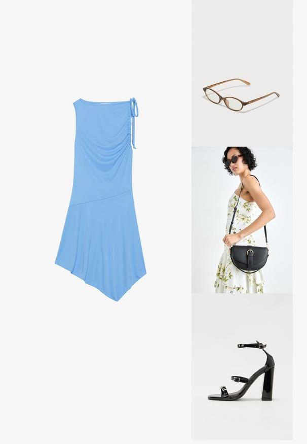 Jasnoniebieska sukienka bez rękawów wykonana z miękkiego materiału, z marszczeniem po jednej stronie, asymetrycznym dołem i ozdobnym wiązaniem na ramieniu.; Czarne lakierowane sandały na obcasie z kwadratowym noskiem, z paskami wokół kostki i srebrnymi klamrami. Posiadają masywny słupek dla stabilności.; Brązowe okulary w motyle z owalnymi soczewkami, cienkimi ramionami i przezroczystymi akcentami. Posiadają subtelne logo na zauszniku. Smukły, lekki design.; Czarna skórzana torebka o zakrzywionym kształcie, z odpinanym paskiem i złotymi akcentami. Torebka posiada klapę z zapięciem w kształcie klamry.