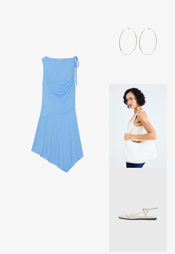 Svetlo modra brezrokavna obleka iz mehke tkanine, ki ima nabran detajl na eni strani, asimetrični rob in trakasti poudarek na rami.; Beige ravne sandale z več tankimi trakovi in nastavljivim zaponcem. Podplat je raven z rahlo temnim kontrastom na robu.; Bela torba za ramena, izdelana iz gladkega materiala, z ovalnim izrezom in širokim trakom. Preprosta in sodobna, brez vidnih kovinskih delov.; Srebrne obročaste uhane z gladkim, okroglim dizajnom in poliranim zaključkom. So tanke in lahke, z enostavnim zapiranjem na sponko.