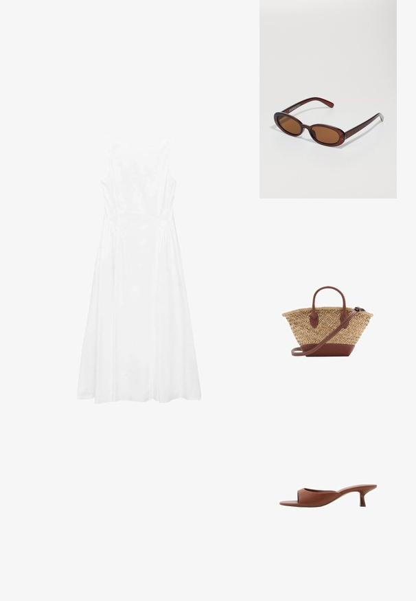 Biele bezsleeve šaty s jednoduchým dizajnom, A-liniovou siluetou, hladkou textúrou a švovými detailmi po stranách.; Hnedé sandále na vysokom opätku s otvorenou špičkou, s hladkým, matným povrchom, so zakriveným dizajnom a priehľadným, zužujúcim sa opätkom.; Okrúhle slnečné okuliare s hnedým nádychom a lesklým burgundským rámom. Úzke ramená s jemným brandovaním. Plochej šošovky dizajn.; Tkaný košík z prútia so hnedými koženými akcentmi, dvoma rúčkami a odnímateľným popruhom. Zakrivený tvar s pevným dnom.