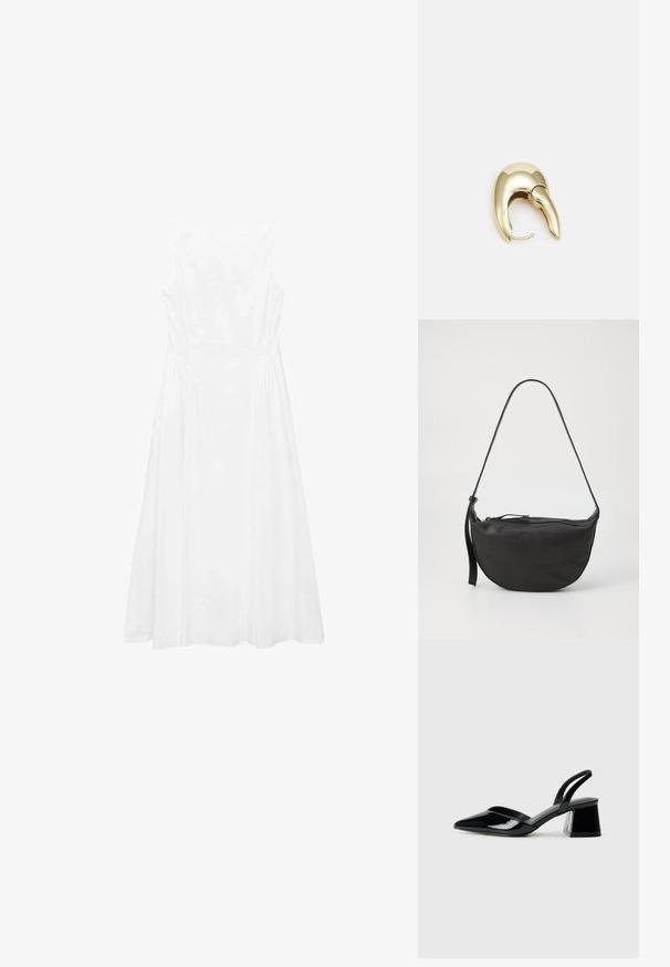 White sleeveless dress featuring a simple design, A-line shape, smooth texture, and seam detailing along the sides.; Black patent leather slingback heels with a pointed toe and a geometric block heel. Features a sleek, minimal design and smooth texture.; Black leather shoulder bag with curved shape, single strap, zippered closure, and subtle stitch detailing along the body.; Gold-tone metal earring with a sleek, curved design. Features a distinctive pointed shape, polished surface, and hinge closure.