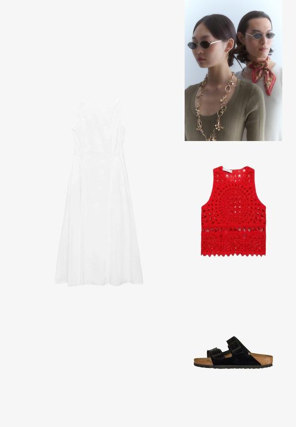 Biała sukienka bez rękawów z prostym fasonem, w kształcie litery A, o gładkiej strukturze i detalami szwów po bokach.; Czerwony szydełkowy top na ramiączkach z misternymi okrągłymi i falbanistymi wzorami, z otwartym splotem i okrągłym dekoltem.; Czarne sandały z lakierowanej skóry z dwoma regulowanymi paskami, korkową wkładką i gumową podeszwą, o gładkiej fakturze i minimalistycznym designie.; Okulary przeciwsłoneczne w okrągłym kształcie z ciemnymi szkłami i cienkimi srebrnymi oprawkami. Jedna osoba nosi złoty naszyjnik łańcuszkowy, podczas gdy inna ma na sobie czerwoną chustę w wzory.