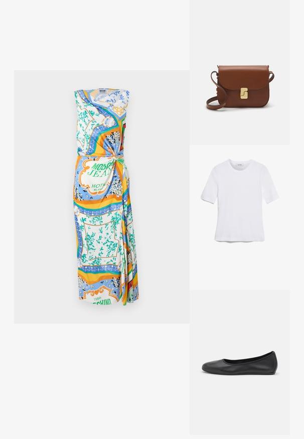 Ärmelloses Wickelkleid aus leichtem Stoff mit einem mehrfarbigen Blumen- und geometrischen Muster, einer geknoteten Taillendetail und fließendem Design.; Weißes kurzärmliges T-Shirt aus geripptem Stoff. Runder Halsausschnitt, normale Passform und dezente Nähte. Keine Muster oder Grafiken.; Schwarze Leder-Ballettschuhe mit abgerundeter Spitze, glatter Textur, minimalen Nähdetails und einem flexiblen Sohlen-Design.; Braune Ledertasche mit Klappenverschluss, Beschlägen in Goldfarbe, einem Schultergurt und einer glatten Oberfläche. Kompakte rechteckige Form.