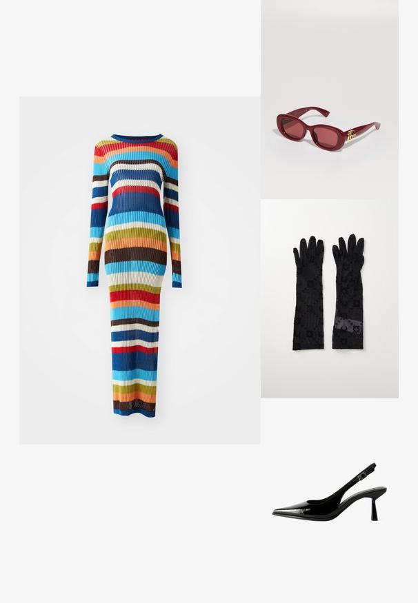 Rochie tricotată cu mâneci lungi, cu dungi orizontale în nuanțe de albastru, roșu, maroniu, verde, crem și portocaliu. Siluetă ajustată, până la podea.; Pantofi cu toc slingback din piele patent neagră, cu vârf ascuțit, laterale decupate, curea la gleznă ajustabilă și toc subțire, elegant.; Ochelari de soare din plastic roșu, cu rame rectangulare, lentile tintate și un accent cu logo auriu pe tâmple. Finisaj neted și lucios.; Mănuși negre dintr-o țesătură transparentă, cu modele florale și circulare texturate. Design lung, cu o finisare netedă și detalii cu etichetă pe o mănușă.; Colier tip choker din flori negre, realizat din petale stratificate, purtat cu un top fără mâneci negru, cu dungi, care are accente argintii la gât și pe umeri.