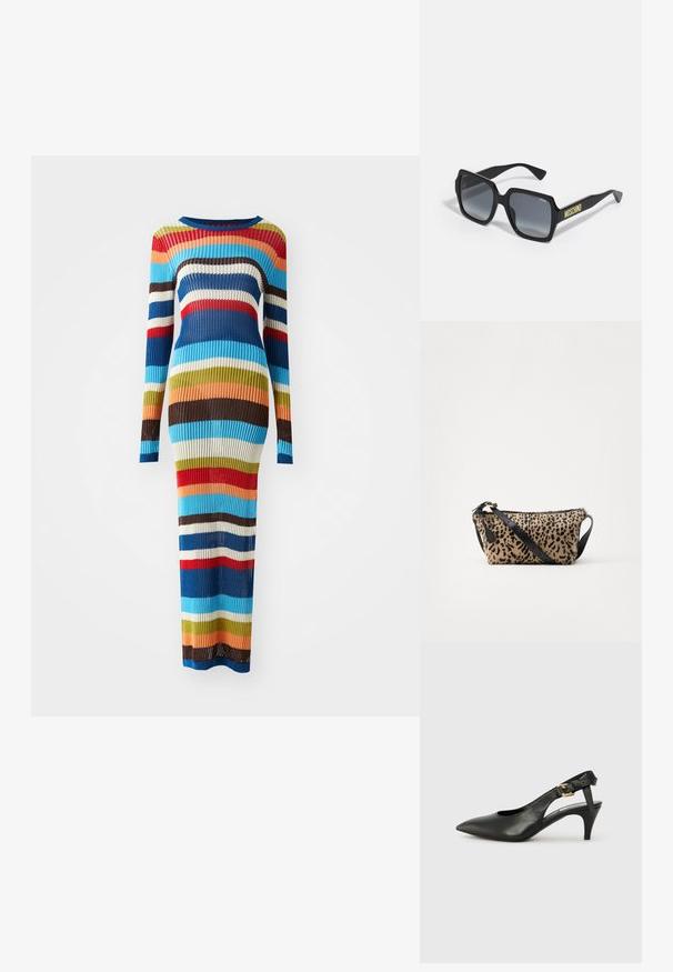 Rochie tricotată cu mâneci lungi, cu dungi orizontale în nuanțe de albastru, roșu, maroniu, verde, crem și portocaliu. Siluetă ajustată, până la podea.; Pantofii slingback din piele neagră, cu vârf ascuțit, toc mic și detaliu cu cataramă pe brățara gleznei. Textură netedă, design minimalist.; Ochelari de soare pătrați negri cu lentile gri cu gradient; prezintă accente subtile și brandul "MOSCHINO" inscriptionat în galben pe braț.; Geantă de tip pouch cu imprimeu de leopard, prevăzută cu curea din piele neagră; are o textură netedă și un fermoar auriu, formă compactă rectangulară, exterior pufos.