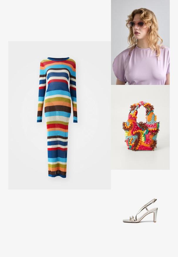 Ribatud kudumiga kleit pikkade varrukatega, millel on horisontaalsed triibud sinise, punase, pruuni, rohelise, kreemi ja oranži värviga. Loodud keha ümber ja põrandani ulatuv.; Metallilise hõbedase värvi kõrge kontsaga sandaal avatud varbaga, millel on jalas kolm õhukest rihma ja pahkluuring koos kinnitusega.; Roosa varjundiga prillid geomeetrilise raamiga, koos pehme lavendlivärvi tipuga, millel on ümar kaelus ja lühikesed varrukad.; Pärlitega käsitasku, millel on elavad värvid: roosa, oranž, sinine ja pruun. Tekstuuriga pind ümmarguste pärlite ja orgaaniliste kujunditega, tugevad sangad.