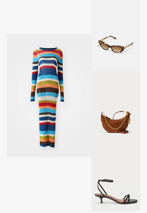 Ribbed knit dress with long sleeves, featuring horizontal stripes in blue, red, brown, green, cream, and orange. Fitted silhouette, floor-length.; Polo Ralph Lauren LEATHER KITTEN-HEEL SANDAL - Classic heels - black; Tortoiseshell sunglasses with a cat-eye shape, featuring brown gradient lenses and gold-tone hardware on the temples.; Brown leather handbag with a curved design, gold chain strap, interior pocket, and a detachable shoulder strap. Features contrasting stitching.