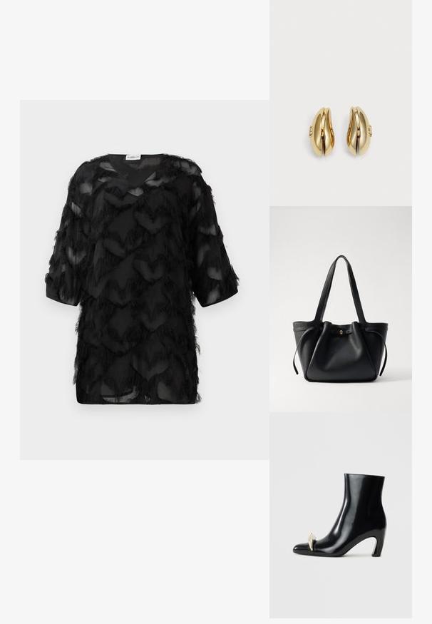 Must must valge taust, millel on kolmeveerandilise varrukaga must läbipaistev blousee, tekstuuriga zigzag fringi mustriga ja V-kaelusega.; Must musta, läikiva nahast, terava varbaga ja dekoratiivse kullast ja hõbedast aktsendiga esiosas. Blokeeritud kontsa disain.; Must musta kott, millel on kaks pikka rihma, kergelt kokkusurutud ülaosa ja kuldne ümmargune aksessuaar. Sile tekstuur ja minimalistlik disain.; Kuldtooni kõrvarõngad voolava ja kõvera disainiga. Igal kõrvarõngal on sile pind ja väike klamber dekoratiivse detailiga.