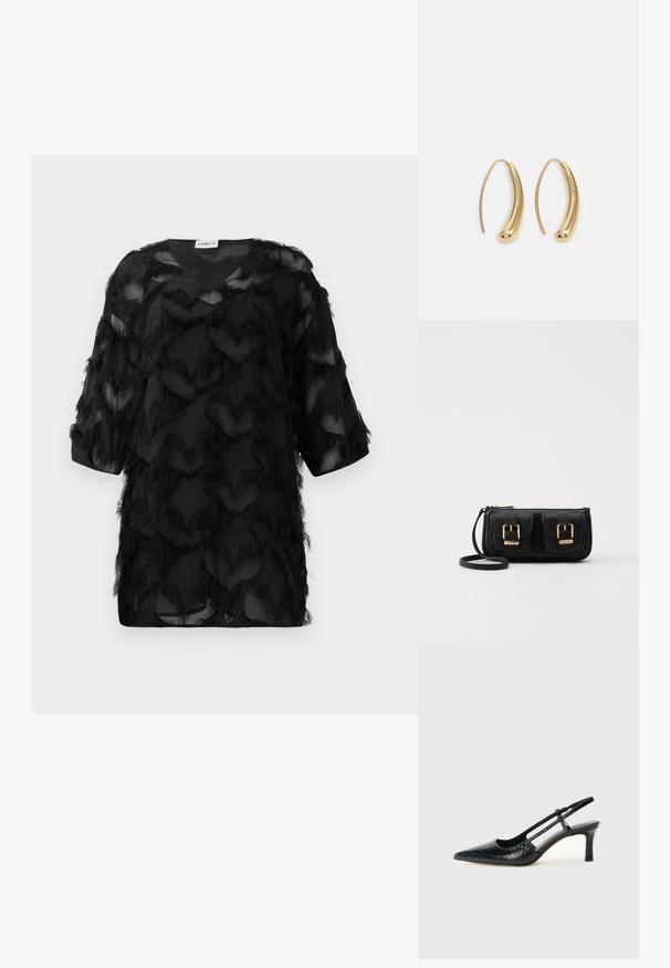 Schwarze transparente Bluse mit drei Viertelärmeln, strukturiertem Zickzack-Fransenmuster und V-Ausschnitt, vor einem weißen Hintergrund präsentiert.; Schwarze Lack-Slingback-Pumps mit spitzem Zehenbereich, versehen mit strukturiertem Schlangenprint, verstellbarem Riemen und einem kurzen, strukturierten Blockabsatz.; Schwarze Leder-Umhängetasche mit zwei vorderen Taschen, goldenen Schnallen, Reißverschluss und einem schmalen Tragegurt. Texturierte Oberfläche und kompakte rechteckige Form.; Goldfarbene Metall-Hoops mit einer geschwungenen, länglichen Form. Sie verfügen über eine glatte, glänzende Oberfläche und eine abgerundete Spitze für zusätzliche Details.