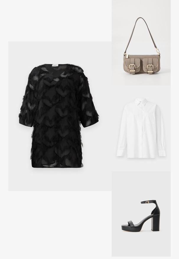Zwarte doorschijnende blouse met driekwartmouwen, textuur in zigzagfranje patroon en een V-hals, weergegeven tegen een witte achtergrond.; Witte langslavige shirt gemaakt van katoen, met een klassieke kraag, knoopsluiting en een enkele borstzak aan de linkerkant.; Zwarte platform sandalen met een dikke blokhak, van glad leer, open teen ontwerp en een enkelband met een gouden gesp accent.; Beige handtas met textuur, verstelbare schouderriem, twee voorvakken beveiligd met gespen en accenten van gouden hardware. Ritssluiting aan de bovenkant.