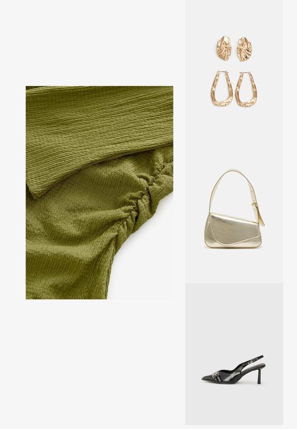 Texturovaná olivově zelená látka s vlnitým vzorem a nařasením. Měkká a mírně elastická, vhodná pro různé oděvní kousky.; Černá lakovaná slingback obuv s špičatou špičkou, kotníkovými pásky s kovovými sponami a příslušenstvím, a štíhlým podpatkem.; Zlatá metalická kabelka se strukturovaným designem, hladkým povrchem a nastavitelným popruhem. Disponuje unikátním trojúhelníkovým tvarem a minimalistickým prošitím.; Náušnice ve zlatém tónu s texturovanými, vlnitými tvary. Obsahují sochařské klipy a design otevřeného kruhu s kladivkovým povrchem.