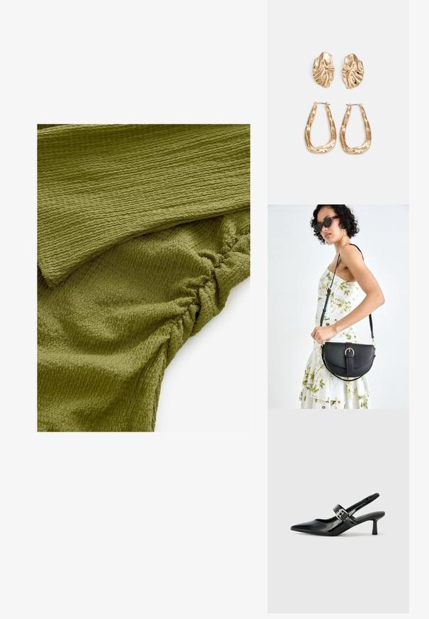 Geweven olijfgroen stof met een golvend patroon en geplooide details. Zacht en iets elastisch, geschikt voor veelzijdige kledingstukken.; Zwarte gepatineerde leren slingback hakken met een puntige neus en een kleine blokhak, met een zilveren gespaccent op de band.; Zwarte leren handtas met een gebogen vorm, afneembare schouderband en gouden hardware. De tas heeft een klep met een gespsluiting.; Gouden oorbellen met een getextureerd, golvend ontwerp. Bevat sculpturale clip-on studs en een open ringontwerp met een gehamerd oppervlak.