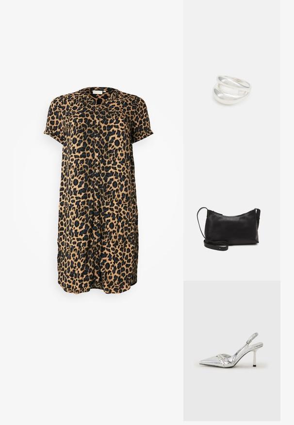 Leparda raksta krekla kleita ar pogu priekšu, īsām piedurknēm, brīvu piegriezumu un viegli brūnā un melnā krāsas kombināciju.; Sudraba slingback augstpapēžu kurpe ar norādītu purngalu, metālisku apdari, diviem dekoratīviem siksniņām un plānu papēdi ar melnu galu.; Melna ādas plecu soma ar gludu tekstūru, izliekta forma, regulējama siksna un rāvējslēdzēja aizdare. Minimālistisks dizains bez rotājumiem.; Sudraba divu joslu gredzens ar gludu, pulētu virsmu. Iezīmējas ar plūstošu, izliekta dizaina struktūru ar pārklājošām sekcijām modernam izskatam.